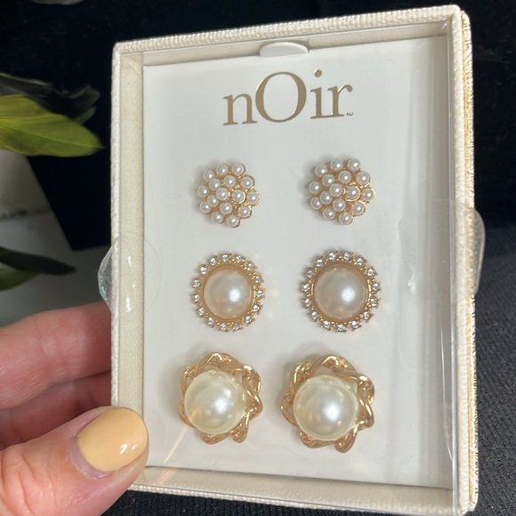 nOir Jewelry Gold Tone Earring Set with Pearl and Crystal Accents - Picture 3 of 3